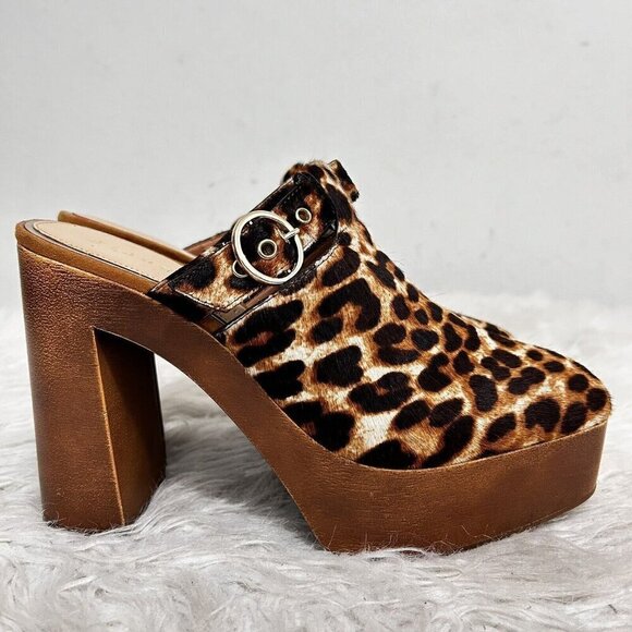 Gianni Bini Women’s Sotelo Mules Calf Hair Leather Block Heel Leopard Print 8.5M - Picture 1 of 11
